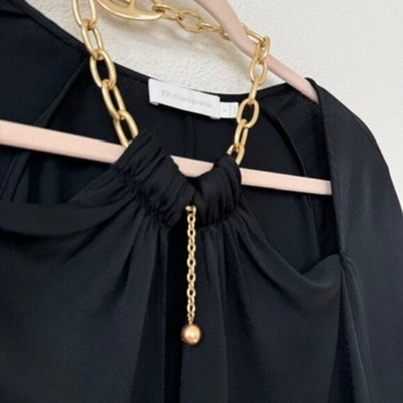 JONATHAN SIMKHAI Gold Chain Neck Black Long Sleeve Blouse Size L Luxury Glam - Picture 2 of 9